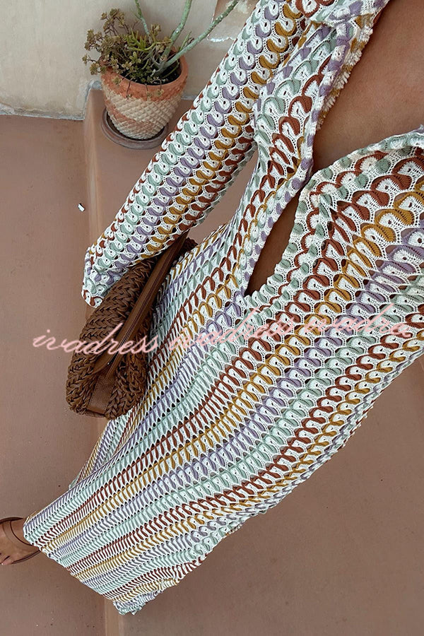 Bondi Beach Knit Colorful Wave Print Long Sleeve Vacation Maxi Dress