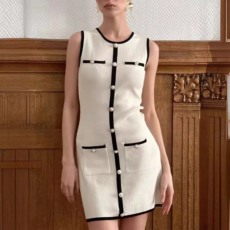 Sleeveless Knit Mini Dress | Contrast Trim | Button Front | Slim Fit