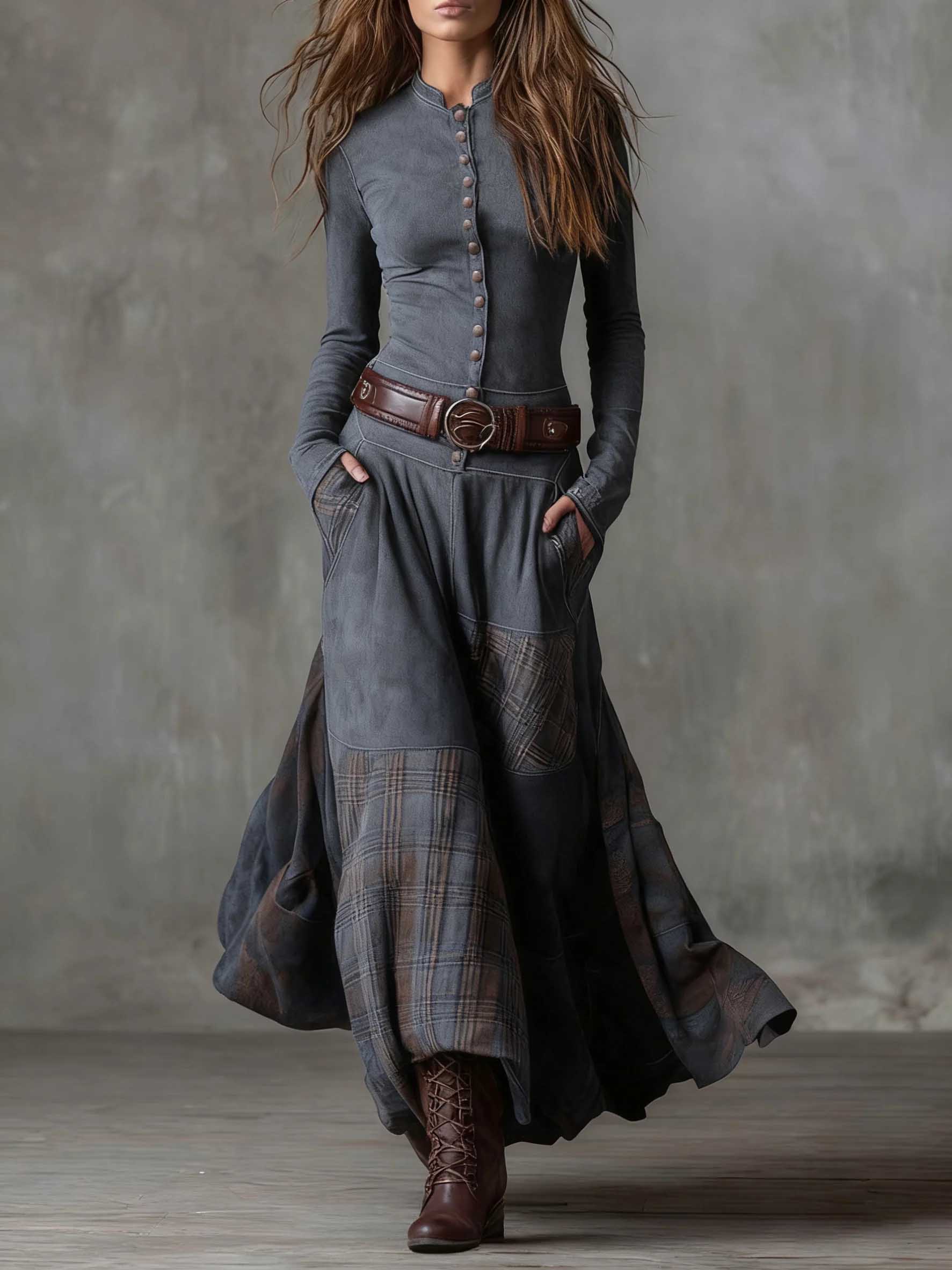 Retro Plaid Patchwork Maxi Dress
