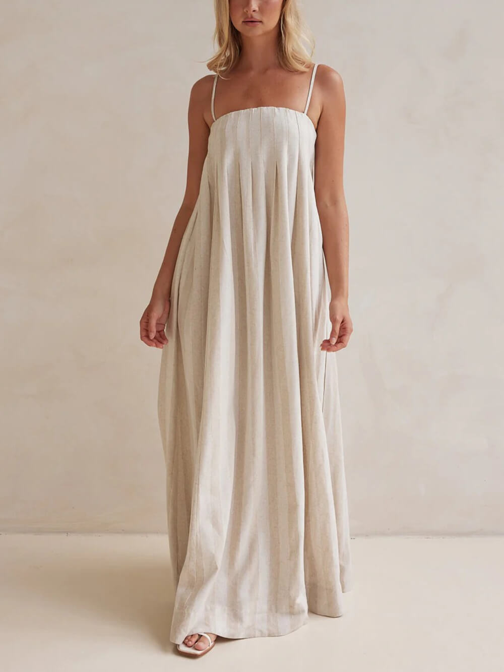 Delicate Striped Patchwork Ruched Casual Cami Maxi Dress