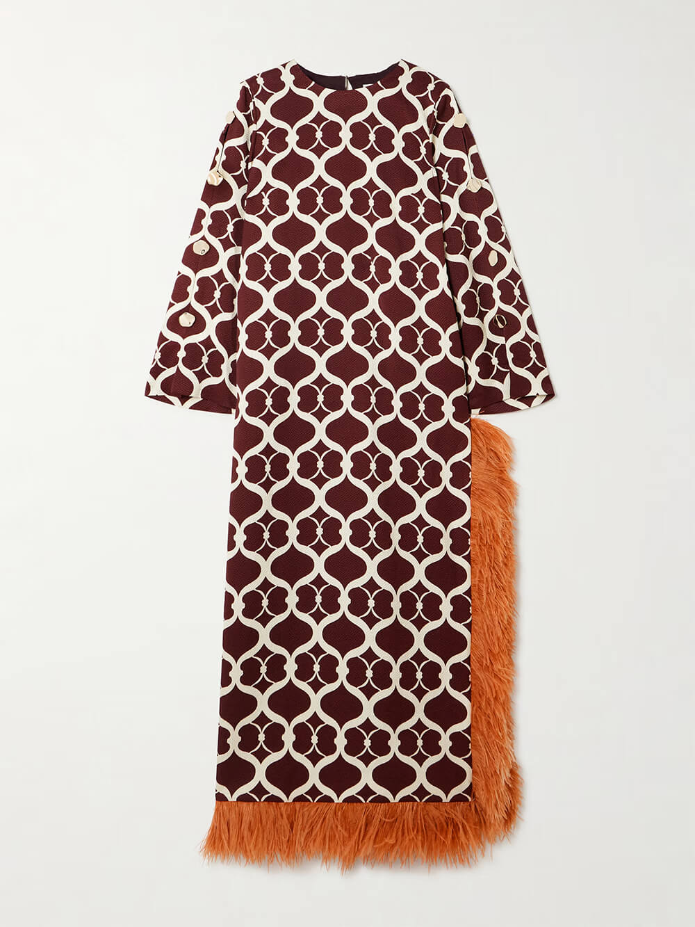 Exquisite Printed Feather-Trim Side-Slit Maxi Dress