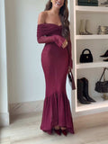 Exquisite Burgundy Off Shoulder Long Sleeve Crochet Mermaid Maxi Dress