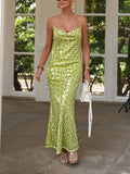 Fashion Sequin Backless Spaghetti Strap Mermaid Party Maxi Dress