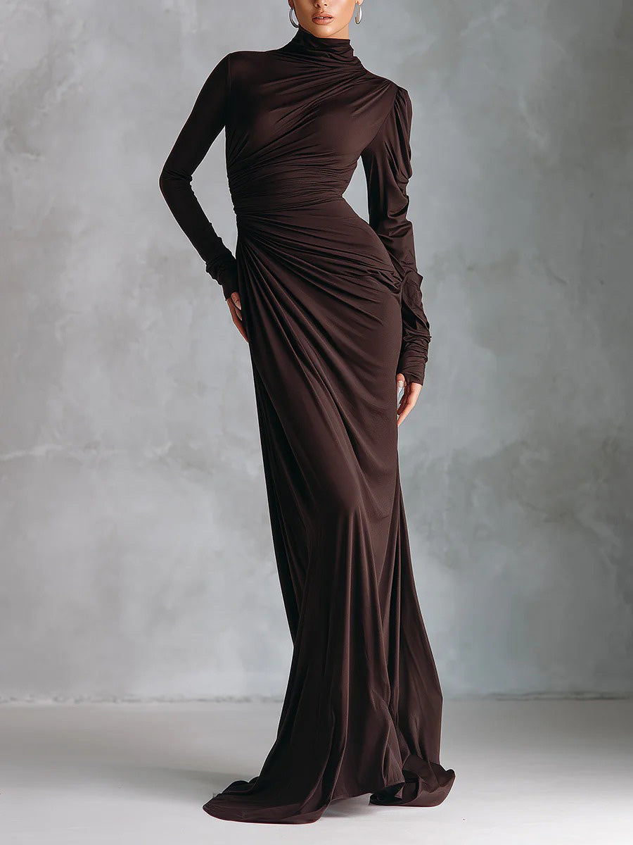 Exquisite Turtleneck Crinkled-knit Maxi Dress