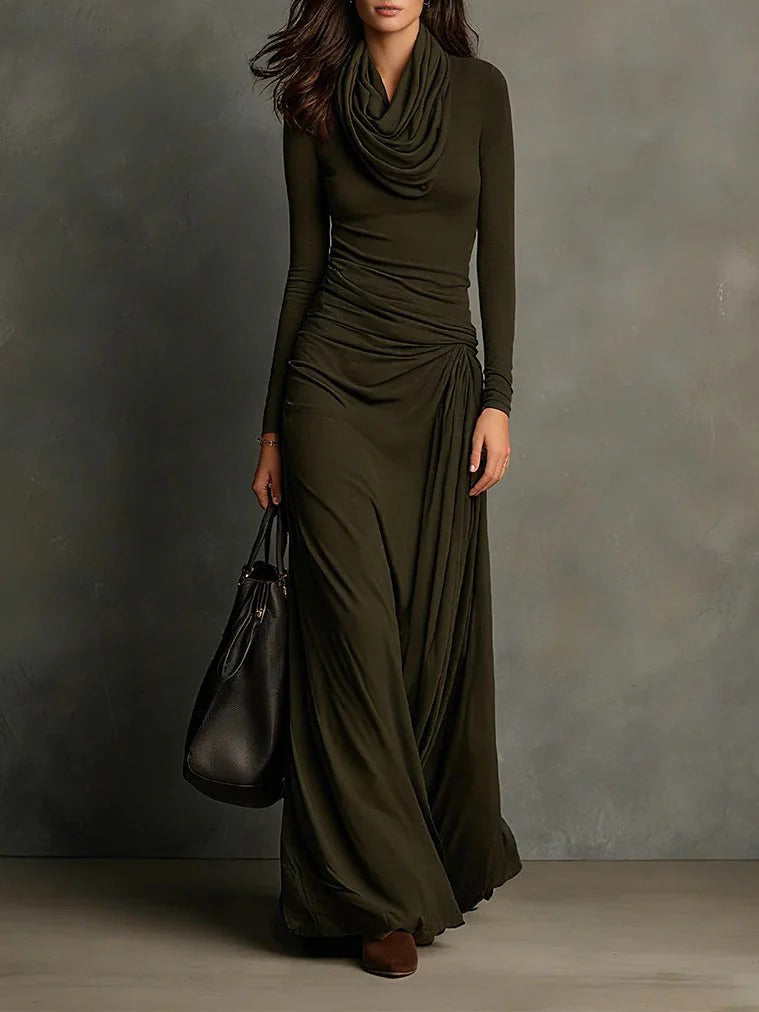 Elegant Olive-green Front Draped Maxi Dress