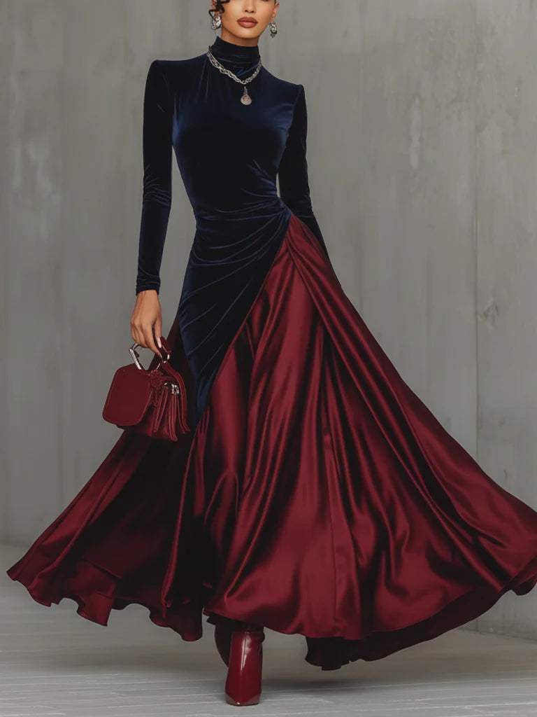 Elegant Velvet Satin Color-blocked Maxi Dress