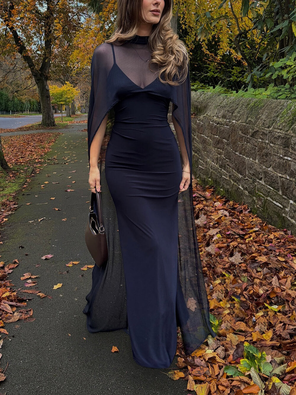 Sexy Navy Blue V-neck Sleeveless Sheer Fit Shawl-Style Spaghetti Strap Maxi Dress
