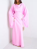 Elegant Ruched Satin Lantern-Sleeve Maxi Dress