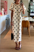 Delicate Polka Dot Print Puff Sleeve Waist-Defined Maxi Dress