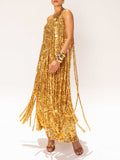 Elegant One-shoulder Neckline Tassel Sequin Maxi Dress