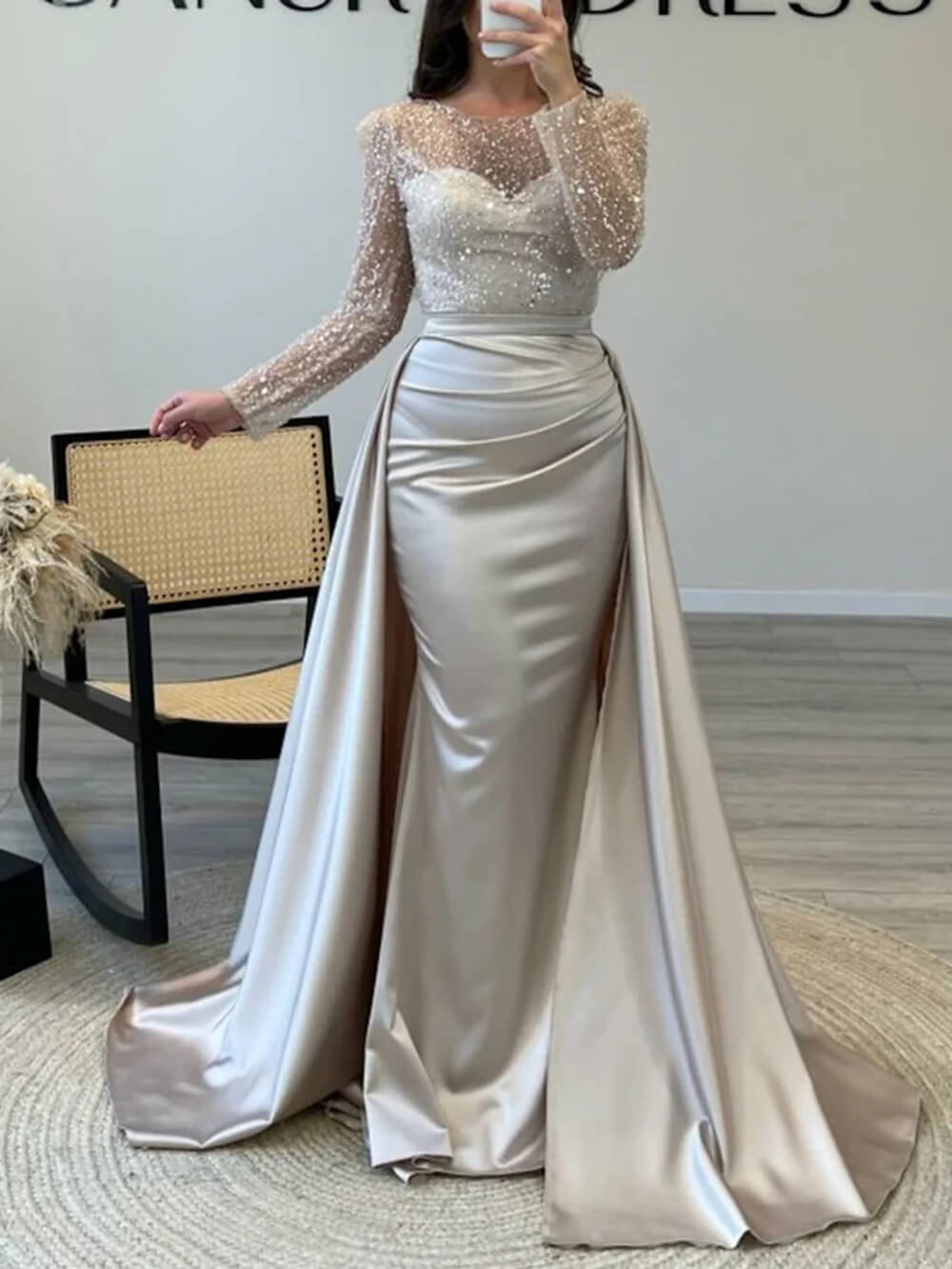 Exquisite Silver Sparkling Rhinestone Sheer Tulle Sleeve Party Maxi Dress