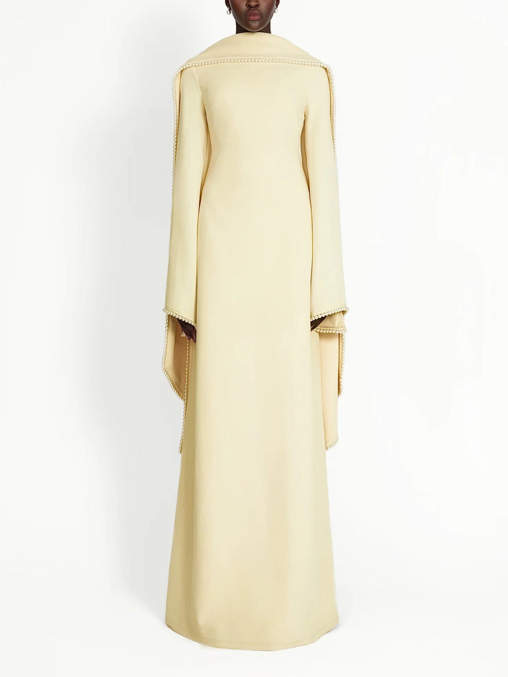 Elegant Pearl-Trimmed Cape Sleeve Maxi Dress