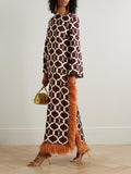 Exquisite Printed Feather-Trim Side-Slit Maxi Dress