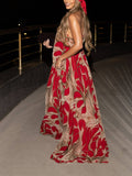 Fashion Printed Backless Full-Skirt Maxi Dress