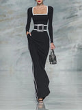 Elegant Black And White Trim Square Neck Long Sleeve Tight Maxi Dress