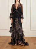 Retro Ruffled Paisley Print Chiffon Maxi Dress