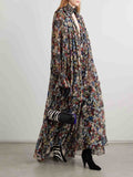 Casual Pleated Printed Chiffon High-Neck Maxi Dress