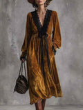 Elegant V-neck Velvet And Lace Patchwork Dress