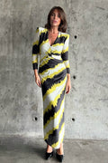Elegant Wave Print V-Neck Waist-Cinching Maxi Dress