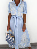 Exquisite Lace Stitching Hollow Waist Wide Swing Dress