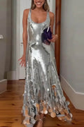 Exquisite Party Tips Sequin Irregular Round Tassels Hem Back Cutout Tank Maxi Dress