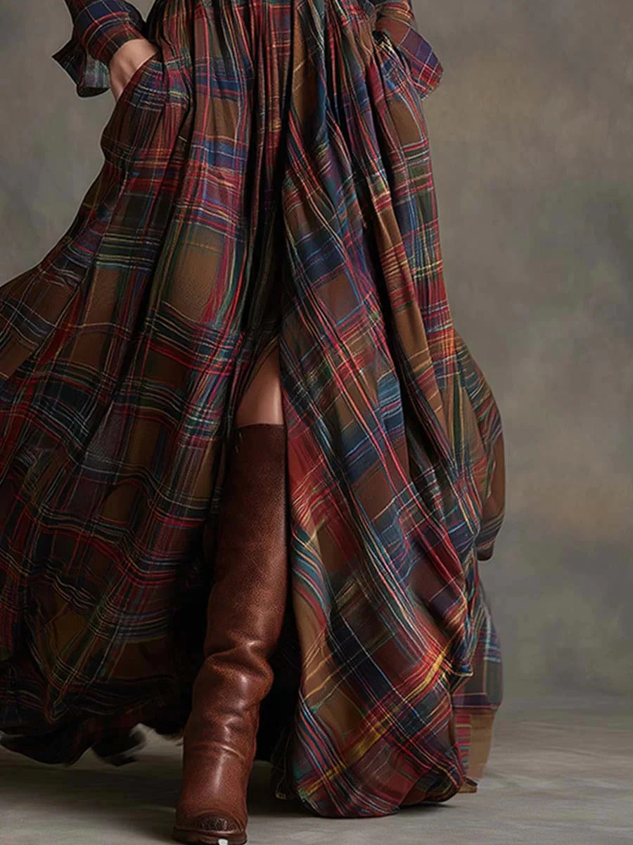 Retro Lapel Plaid Single-Breasted Maxi Dress