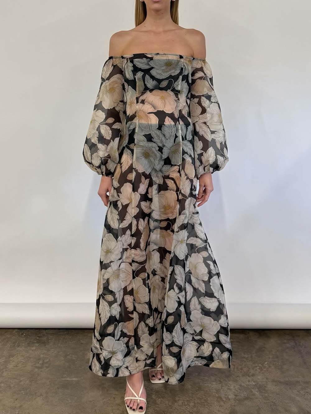 Elegant Off-Shoulder Printed Puff Sleeve Maxi Dress