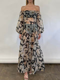 Elegant Off-Shoulder Printed Puff Sleeve Maxi Dress