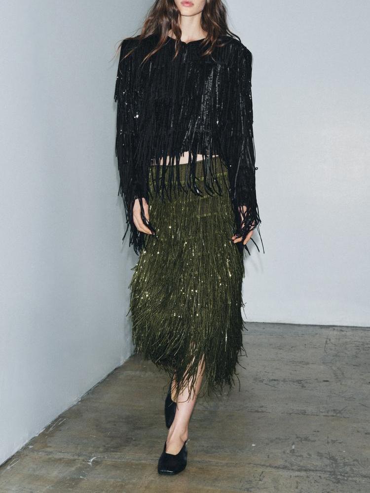 Fringed Sequin Skirt