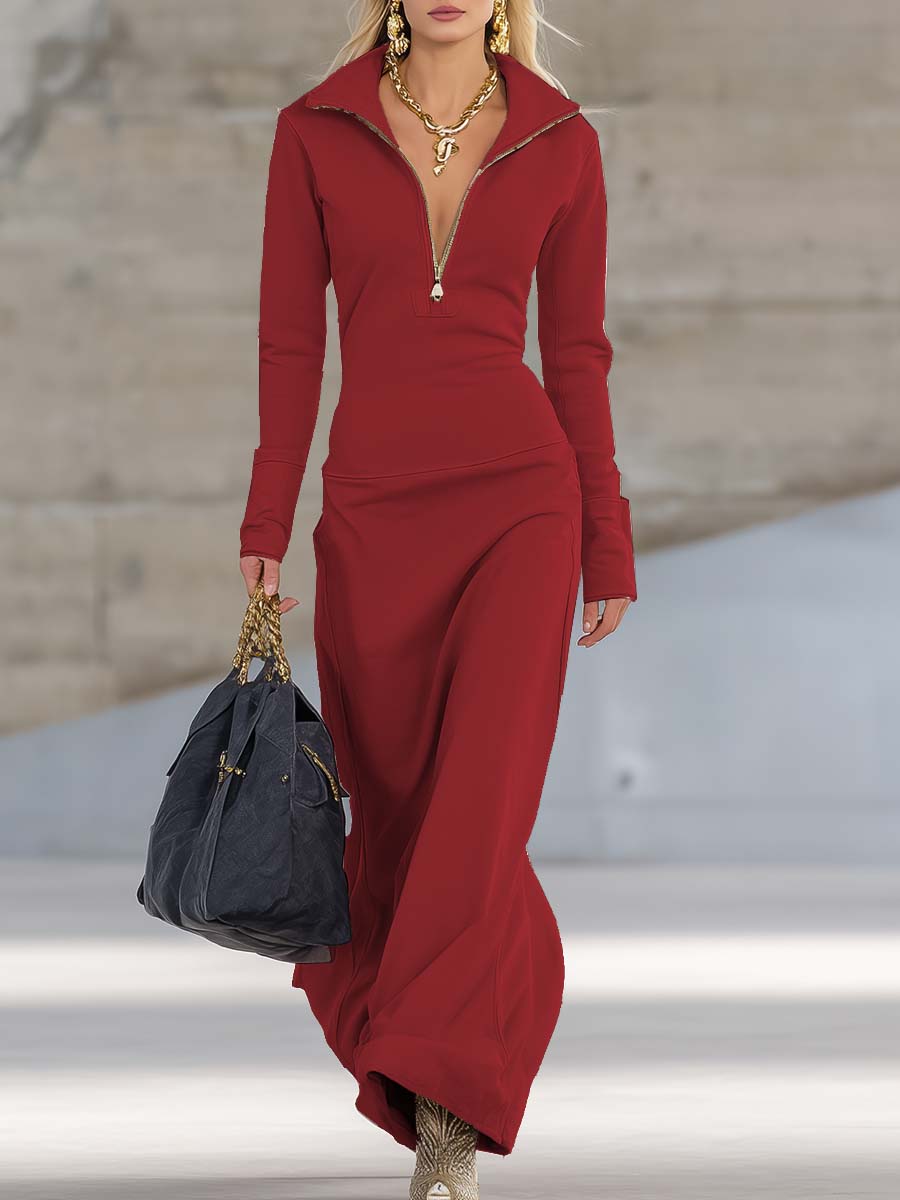 Elegant Retro Sporty V-neck Front Zipper Long-sleeved Pink Maxi Dress
