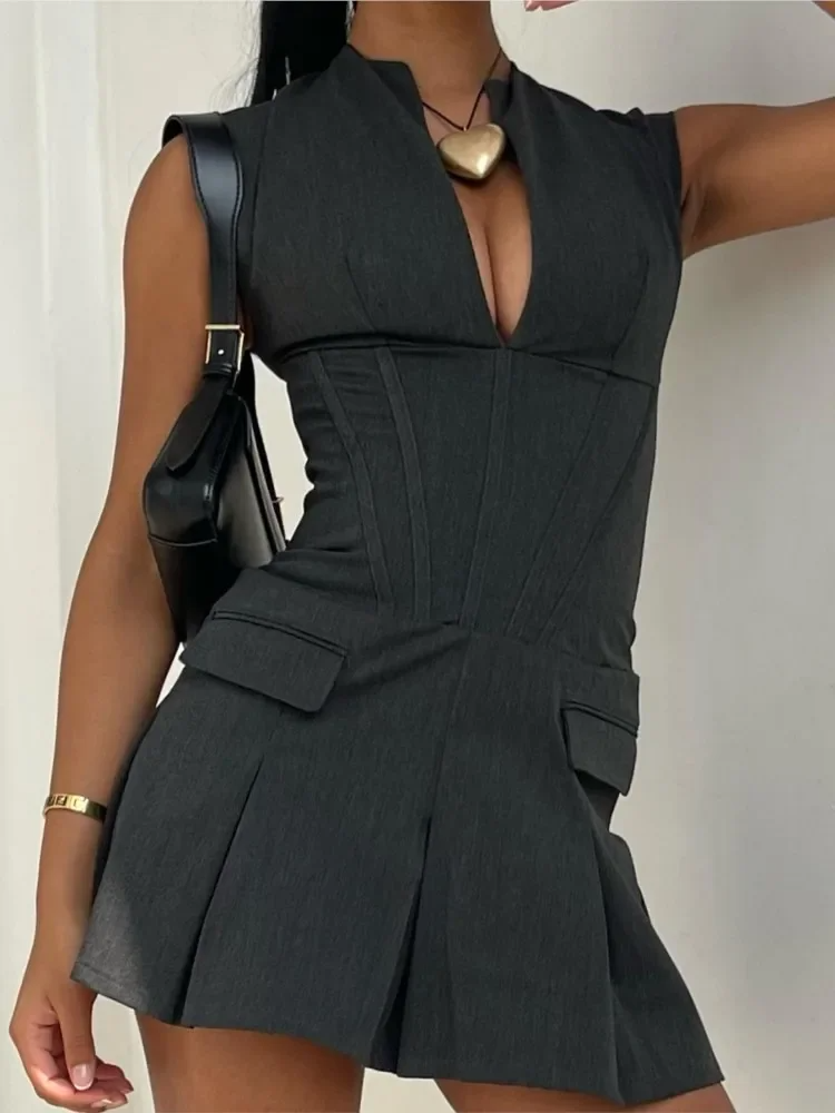Nocturne Structured Mini Dress | Corset Bodice | Pleated Skirt | V-Neck