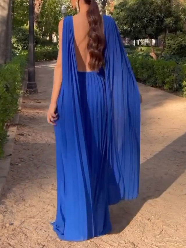 Elegant Open Back Ribbon Pleated Party Maxi Dress
