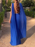 Elegant Open Back Ribbon Pleated Party Maxi Dress