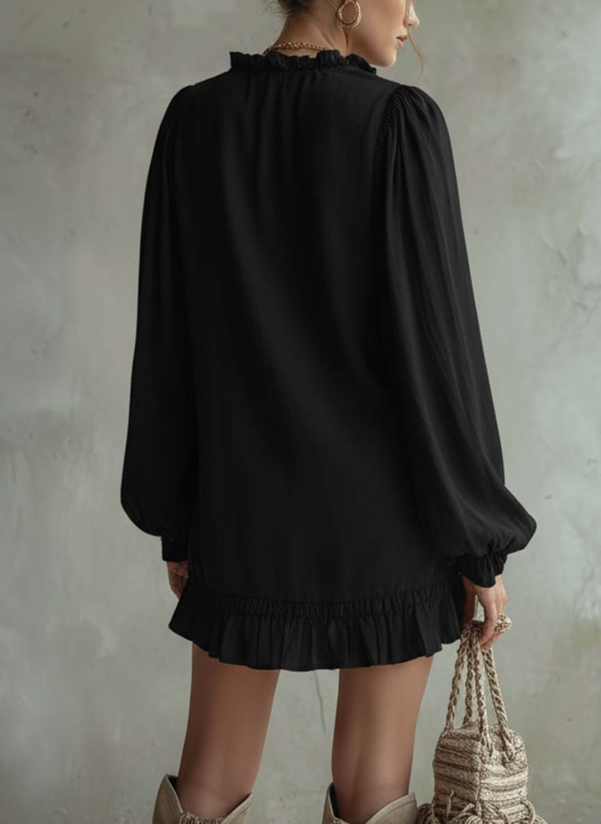 Black Cotton-Linen Embroidered Floral Ruffle Mini Dress
