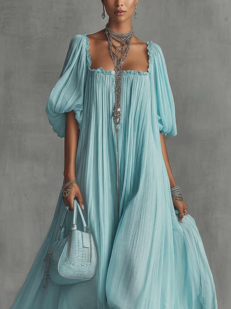 Sky Blue Pleated Chiffon Puff Sleeve Lace-Trim Maxi Dress