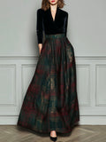 Elegant High Waist Velvet And Plaid Evening Gown With Full Skirt