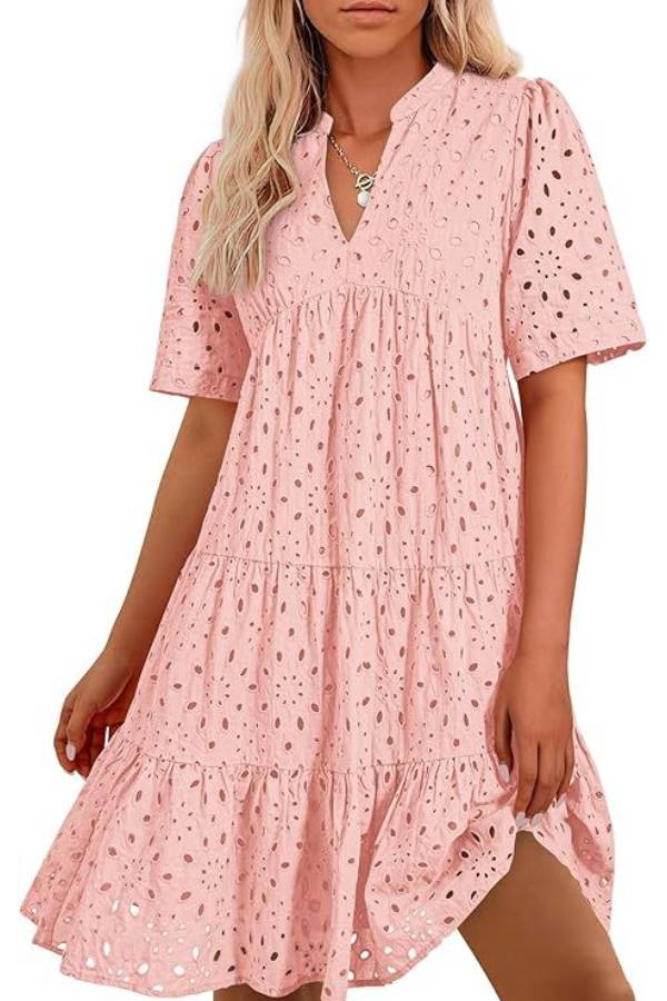 Women's V Neck Short Sleeve Hollow Out Mini Vacation Dress