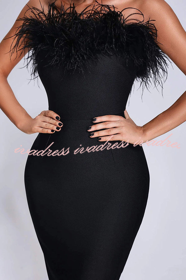 Sivir Feather Off Shoulder High Waisted Slit Maxi Dress