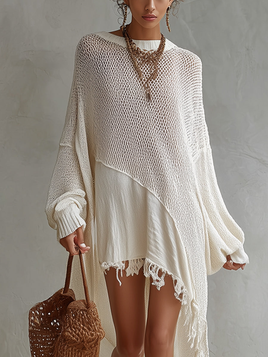 Ivory Multi Knit Loose Long Sleeve Mini Dress With Fringe Hem