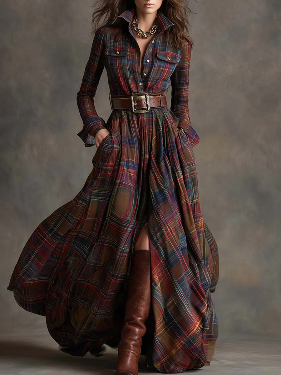 Casual Long Sleeve Button Pocket Plaid Print Shirt Maxi Dress (No Belt)