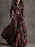 Casual Long Sleeve Button Pocket Plaid Print Shirt Maxi Dress (No Belt)