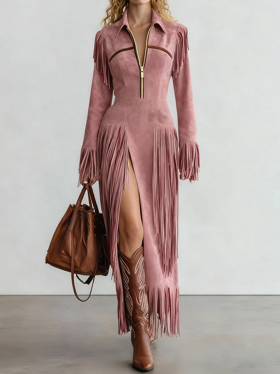 Festival Pink Half-Zip Collar Long Sleeve Split Western Strappy Chamois Maxi Dresses