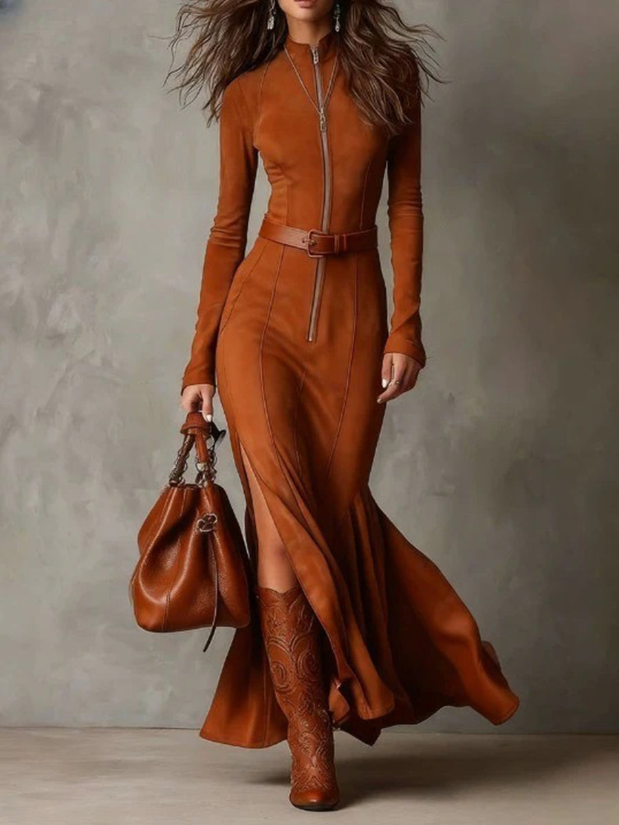 Daily Army Green Stand-Up Collar Long Sleeve Split Western Zipper Chamois Maxi Dresses