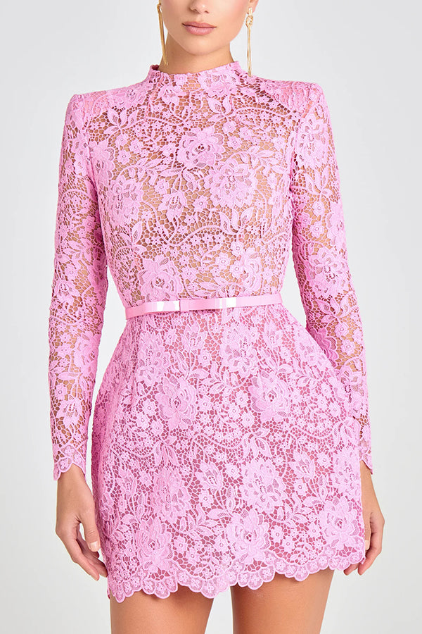 Champagne Toast Flower Lace Long Sleeve Bow Belted Mini Dress