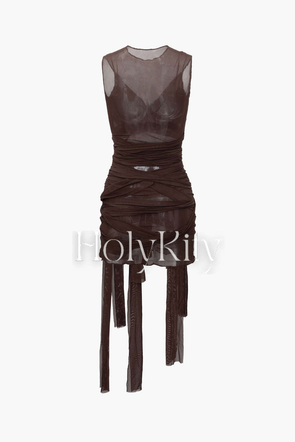 Sheer Mesh Wrap Tie Ribbon Mini Dress