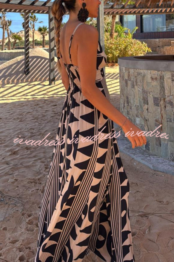 Sabine Geometric Print V-Neck Back Smocked A-line Maxi Dress
