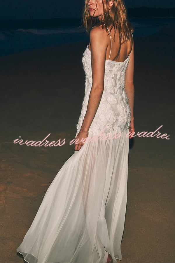 Indulge in Floral Applique Pleated Chiffon Hem Slip Maxi Dress