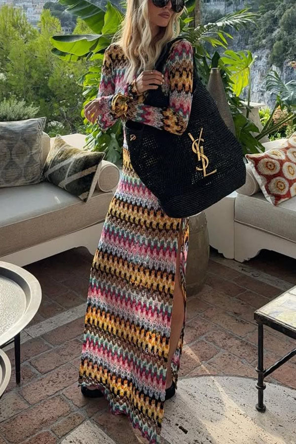 Jensin Knit Colorful Zigzag Pattern Long Sleeve Open Back Slit Vacation Maxi Dress