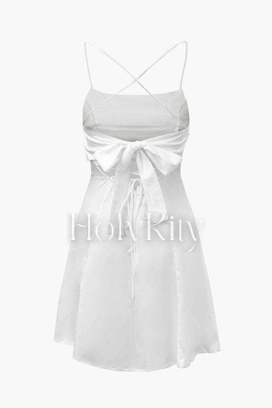 Pleated Satin Knot Back Mini Dress