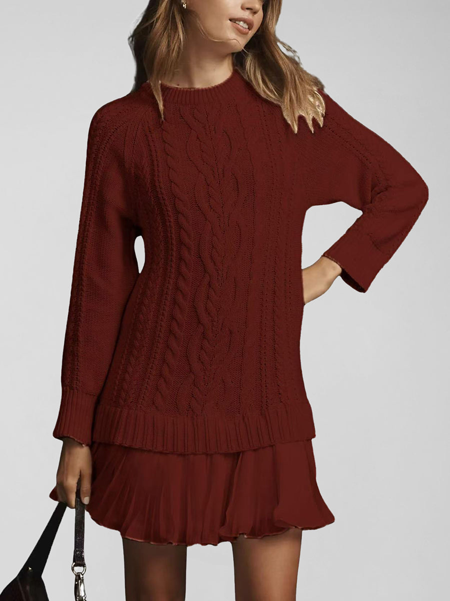 Daily Chiffon Beige Round Neck Long Sleeve Contrast Casual Knitted Mini Dresses